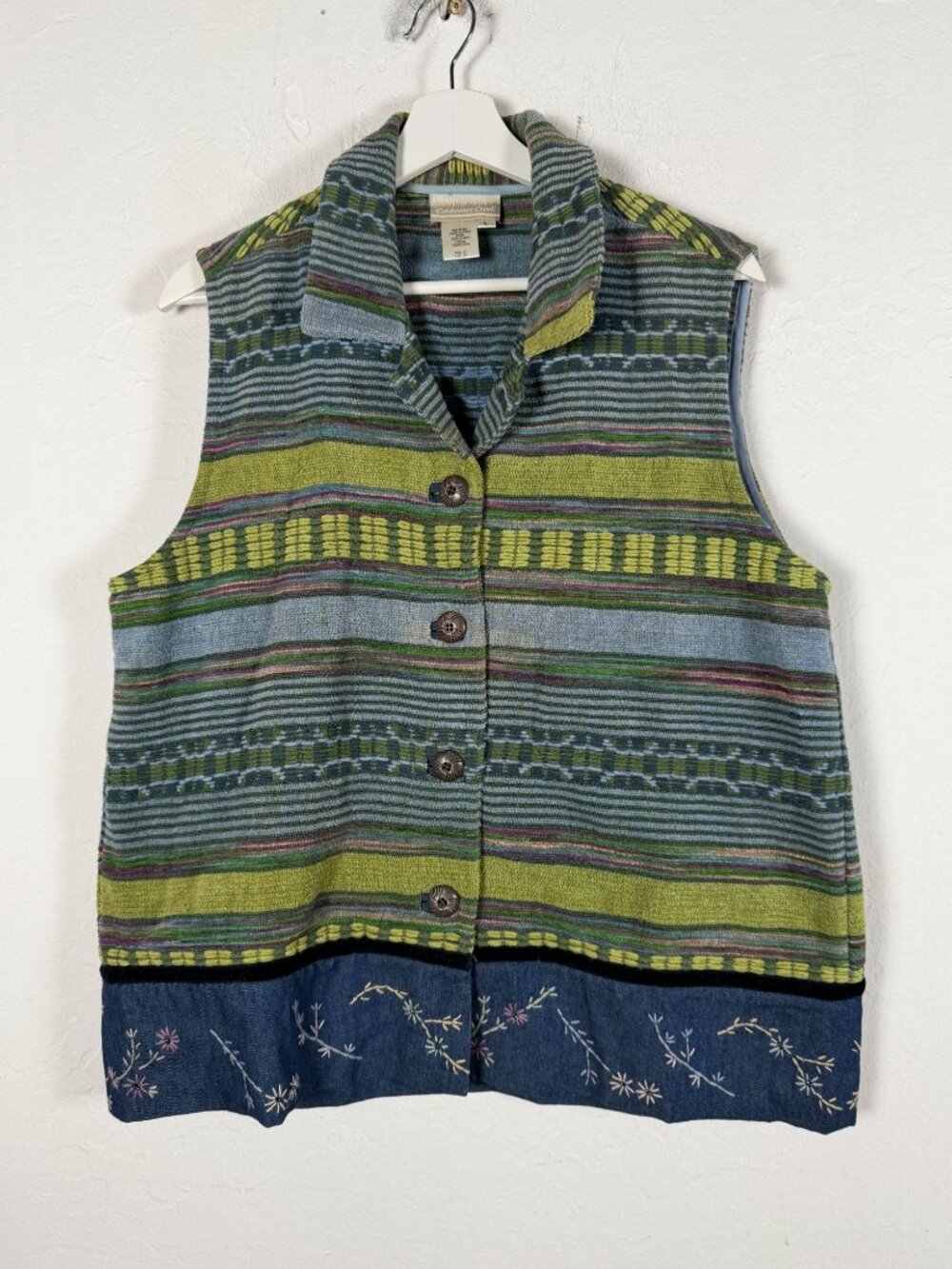 Coldwater Creek Womens Striped Tapestry Vest Large Embroidered Hem Button Front